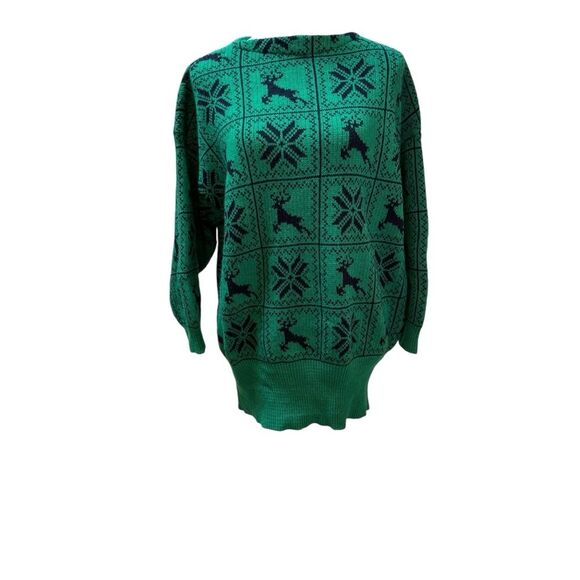 Naf Naf Green Navy Reindeer and Snowflake‎ Wool Blend Boatneck Sweater Sz M/L - Picture 1 of 7
